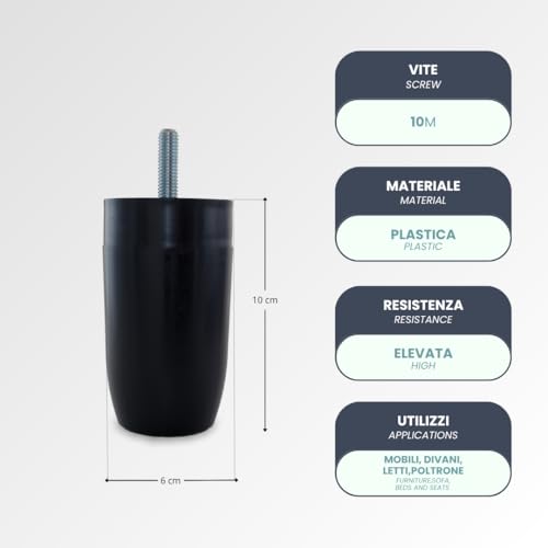 TENDAGGIMANIA Pied de Meuble Noir H. 10 CM - Facile à Monter - Convient pour Canapé, Lit et Tables - 1 Pièce PVC