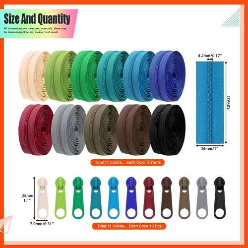 Tantan Lot de 121 fermetures éclair en nylon Assortiment de 11 couleurs 30 m Couture Travaux Manuels